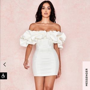 HOUSE OF CB SELENA IVORY SATIN RUFFLE STRAPLESS DRESS